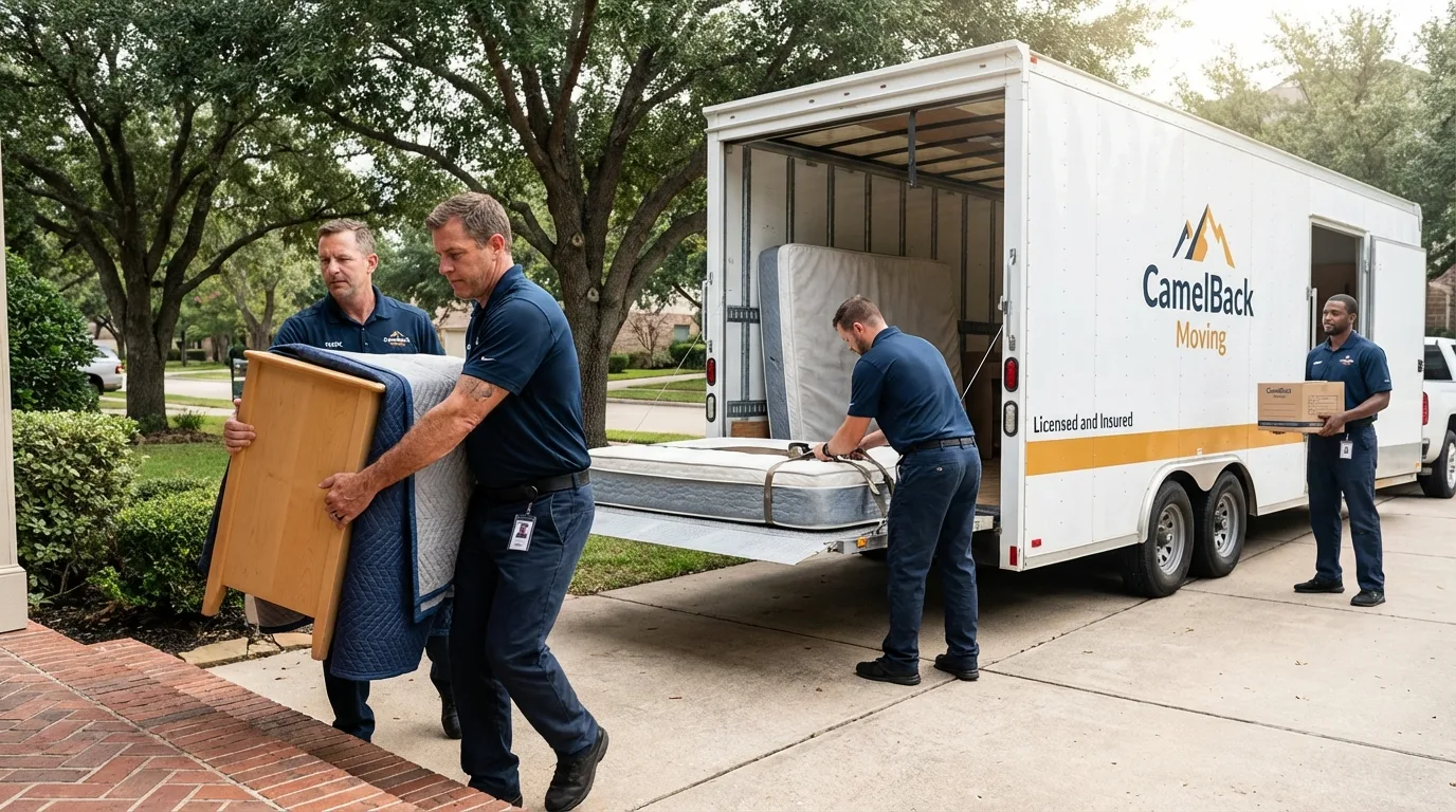Crew loading residential truck for cross-state move from Biola, CA
