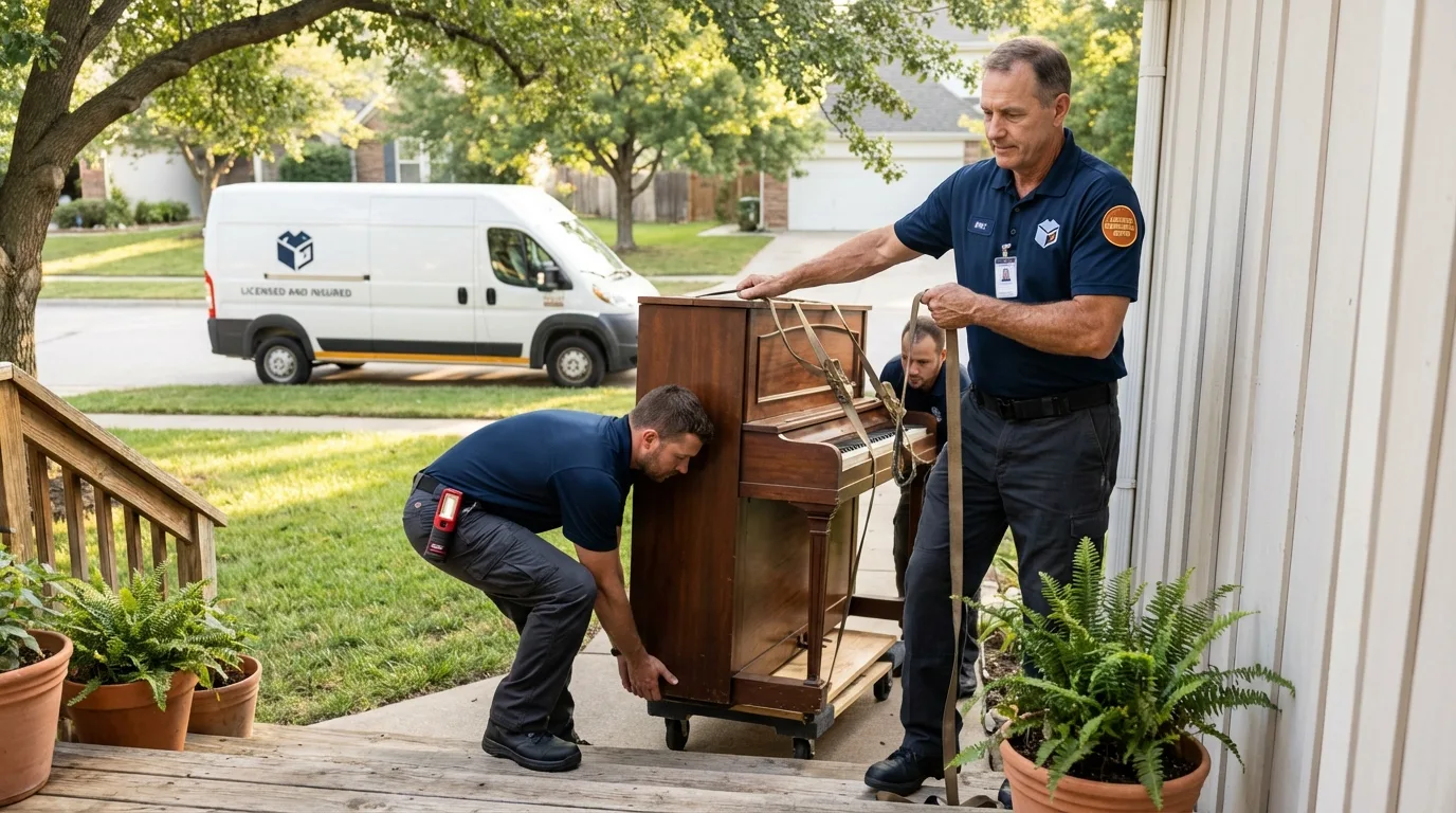 Licensed piano movers securing grand piano in Biola, CA