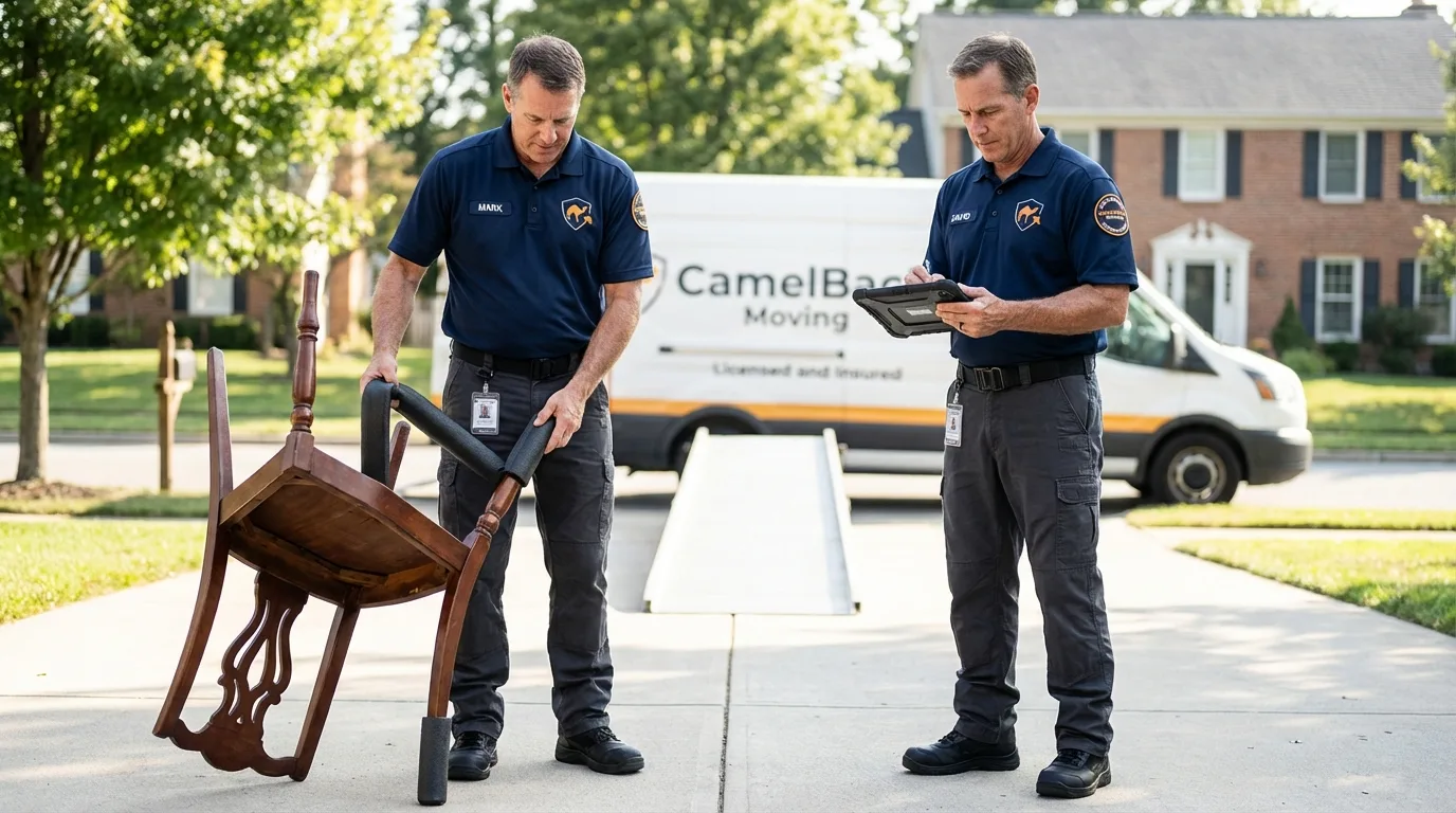 Movers inspecting furniture for damage prevention before loading in Biola, CA