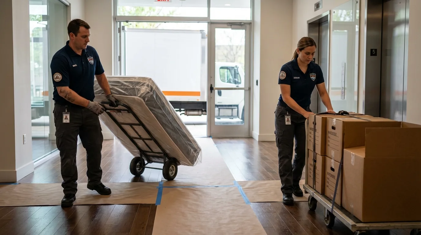 Professional apartment movers loading elevator in Biola, CA
